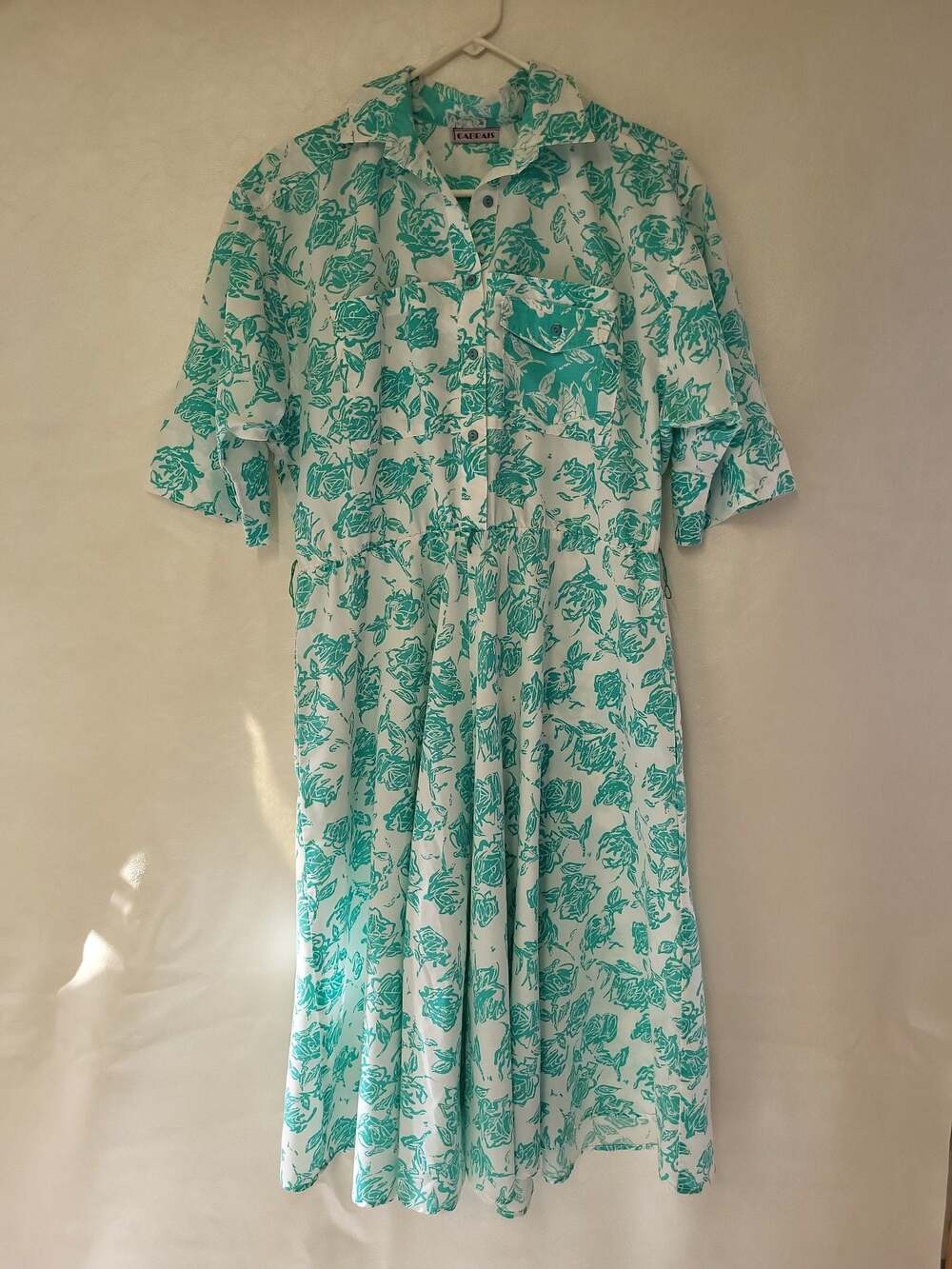 Vintage Cabrais Floral Shirt Dress Teal White Button Down Pockets